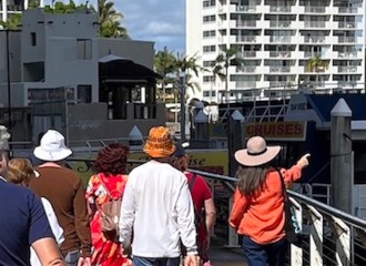 Rosemary points out a place of interest to a group of people on a walking tour.